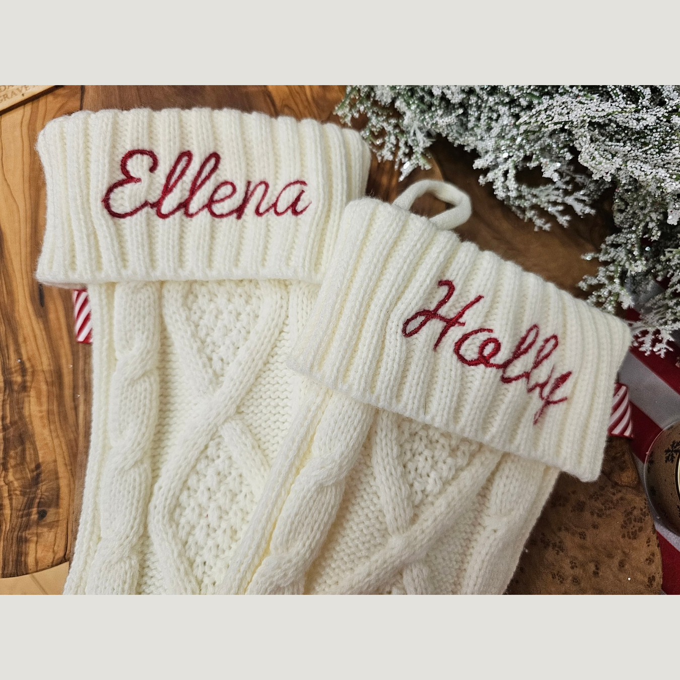 Personalised Rustic Cable Knit Christmas Stocking with Red Name