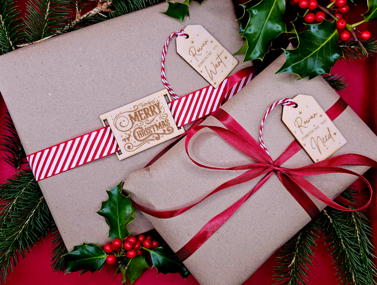 Want, Need, Wear, Read Wooden Christmas Gift Tag Set