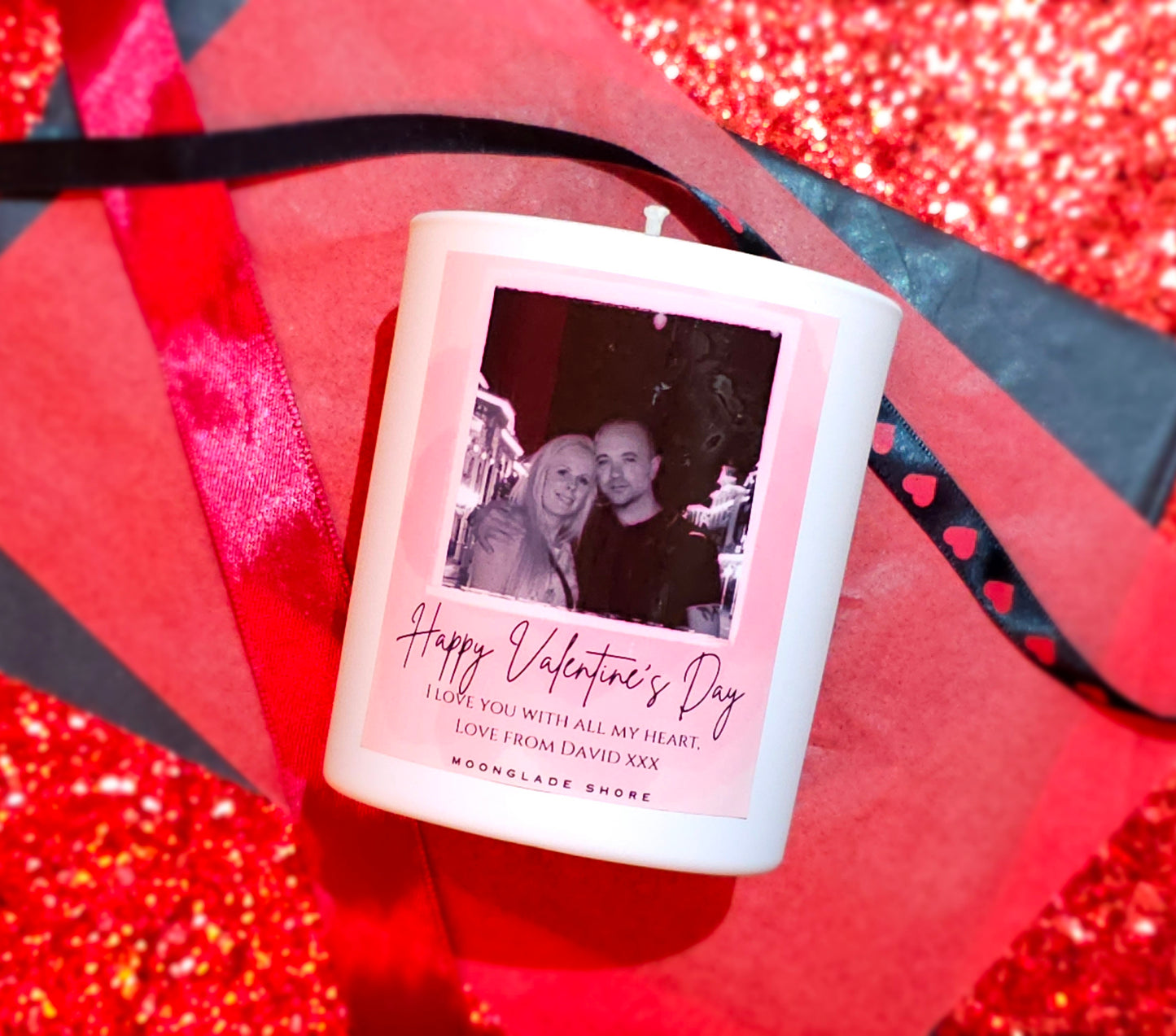 Personalised Valentines Photograph Large Candle in Matt White Glass Vessel