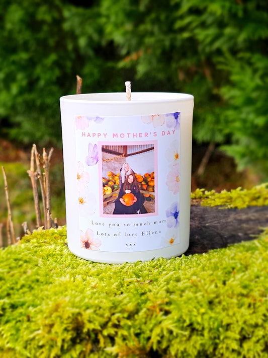 Large Personalised Mothers Day Candle With Photograph - Pink/ purple design