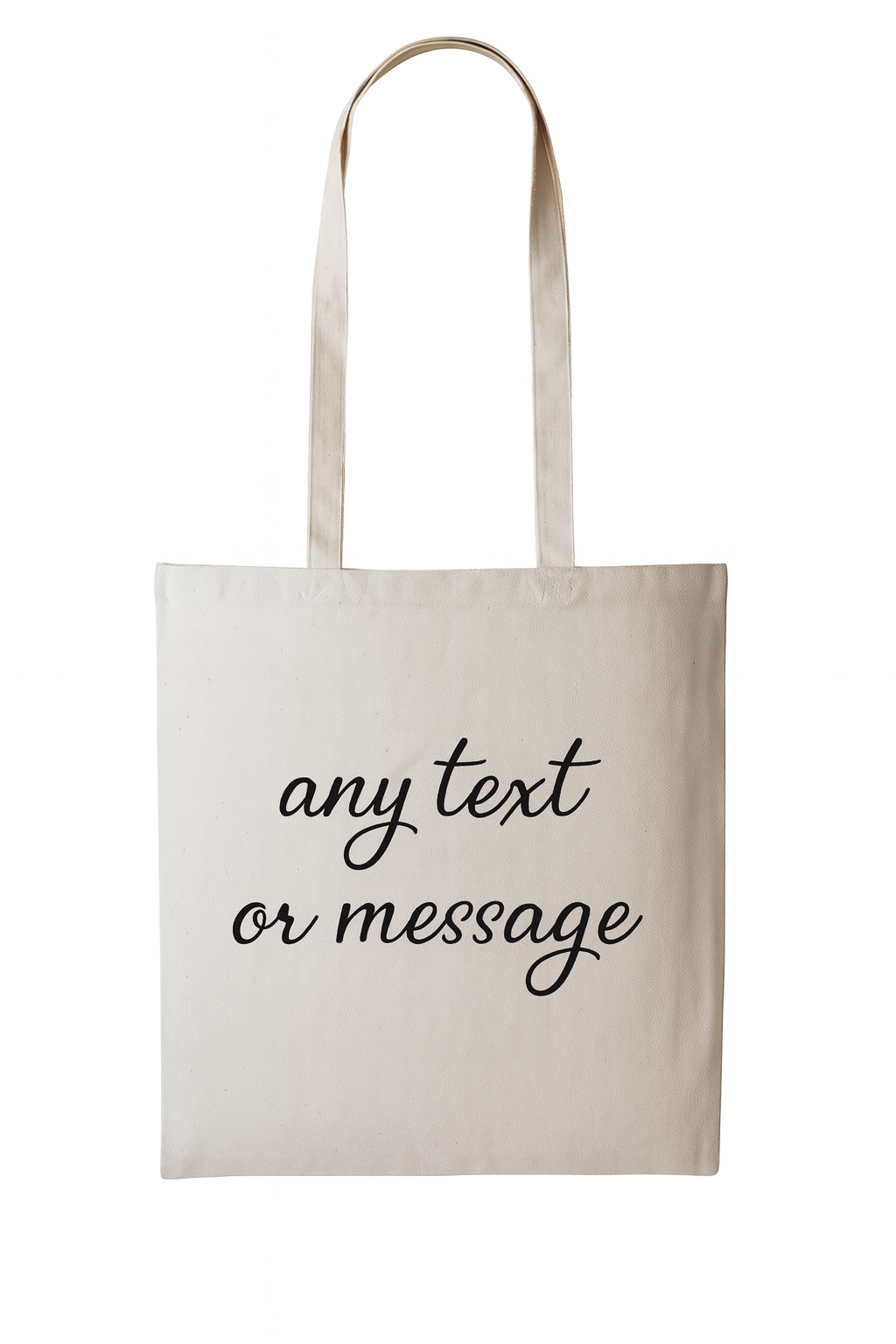 Beige tote bag with customisable text in black on a white background