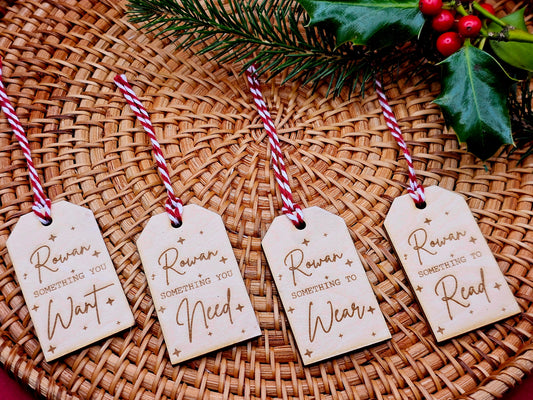 Want, Need, Wear, Read Wooden Christmas Gift Tag Set