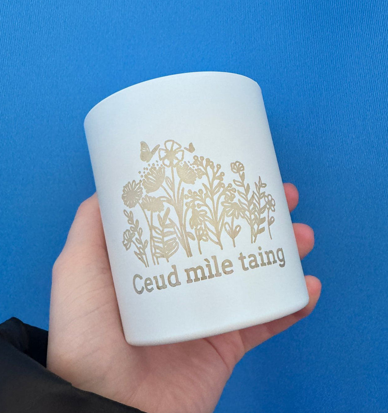 Gaelic Engraved Large Candle in a Matt White Vessel