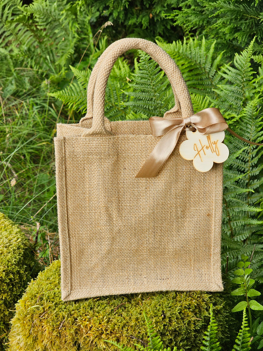 Small Jute Bag with Wooden or Ceramic Tag